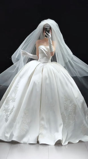 Timeless Ball Gown Strapless Satin Applique With Veil Gloves Long Wedding Dresses