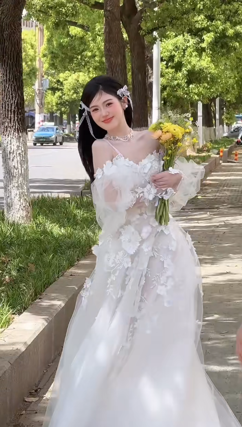 Pretty A Line Off The Shoulder Tulle Applique Long Sleeves Long Wedding Dresses