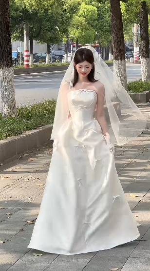 Elegant A Line Strapless Satin Bow With Veil Long Wedding Dresses