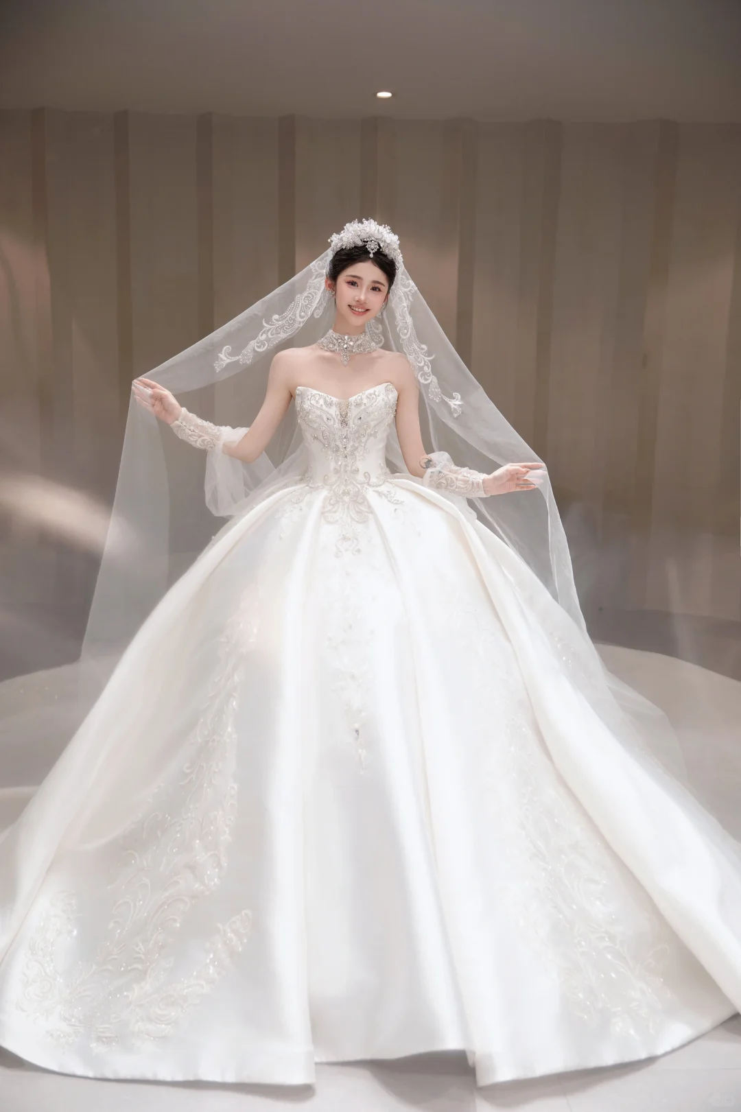 Dreamy Ball Gown Strapless Satin Applique With Veil Long Wedding Dresses