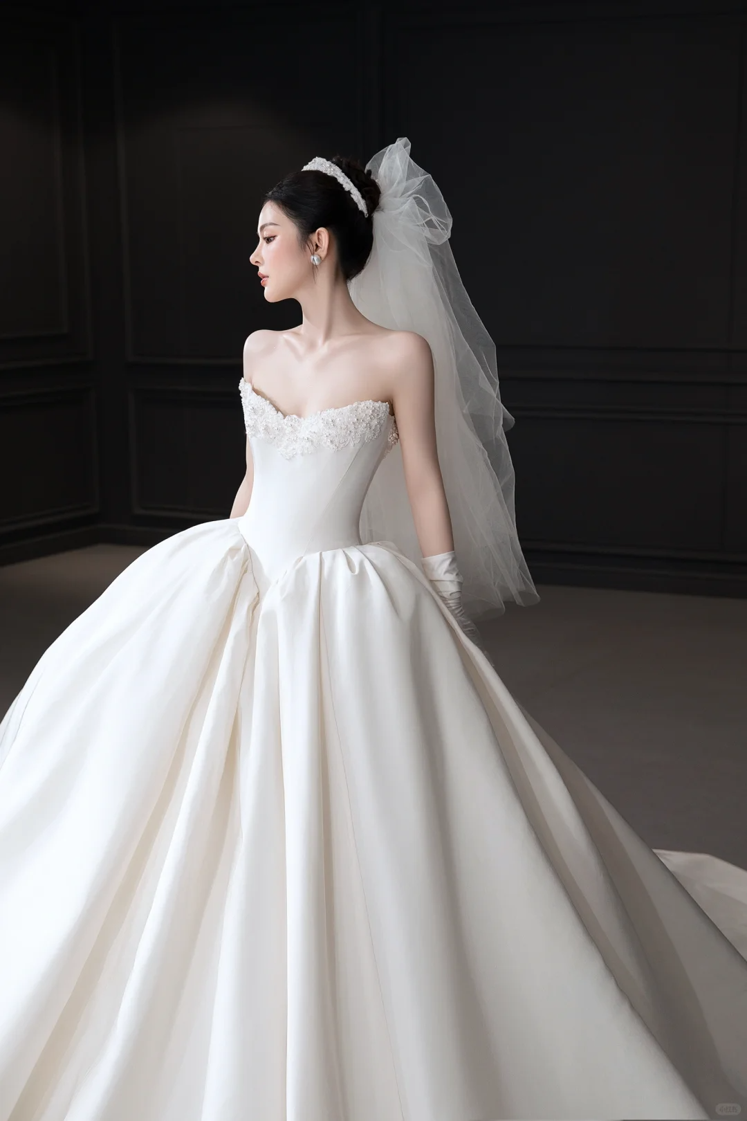 Simple Elegant Ball Gown Strapless Satin Applique With Veil Gloves Long Wedding Dresses