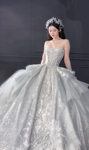 Dreamy Ball Gown Strapless Tulle Sequin Long Wedding Dresses
