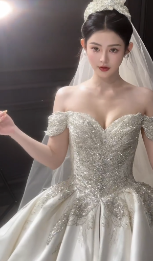 Elegant Ball Gown Off The Shoulder Satin Beaded With Veil Long Wedding Dresses
