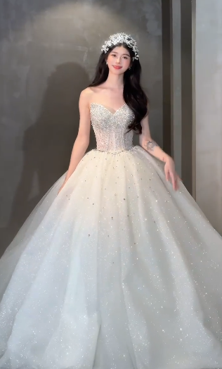 Timeless Ball Gown Strapless Tulle Sequin Beaded Long Wedding Dresses