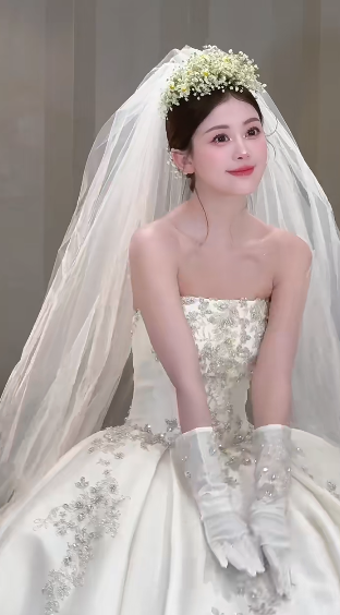 Dreamy Ball Gown Strapless Satin Applique With Veil Gloves Long Wedding Dresses