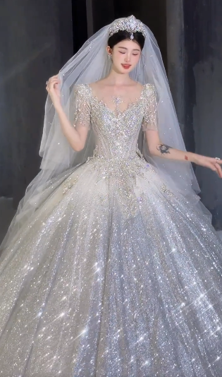 Shiny Ball Gown Tulle Sequin Beaded Short Sleeves With Veil Long Wedding Dresses