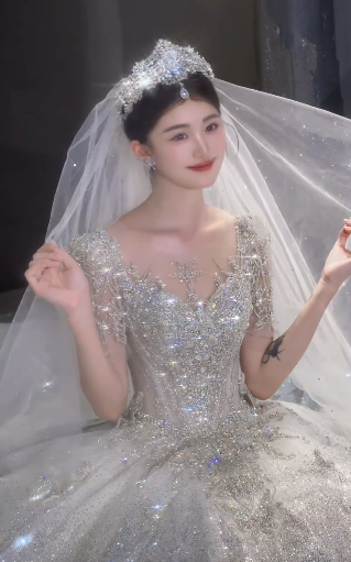 Shiny Ball Gown Tulle Sequin Beaded Short Sleeves With Veil Long Wedding Dresses