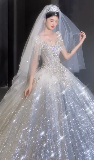 Shiny Ball Gown Tulle Sequin Beaded Short Sleeves With Veil Long Wedding Dresses