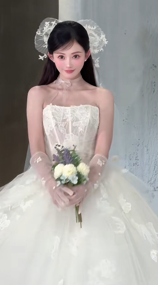 Dreamy Ball Gown Strapless Tulle Applique With Veil Long Wedding Dresses