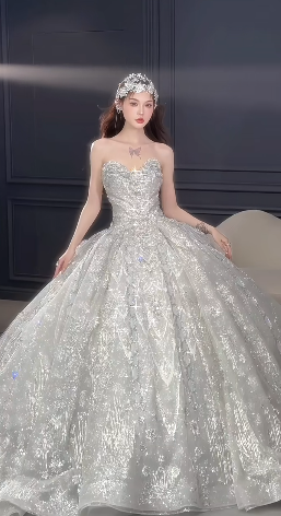 Glitter Ball Gown Strapless Tulle Sequin Long Wedding Dresses