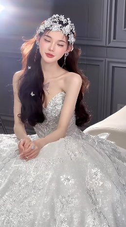 Glitter Ball Gown Strapless Tulle Sequin Long Wedding Dresses
