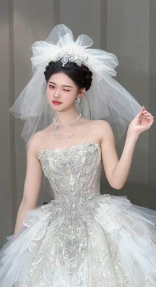 Timeless Ball Gown Strapless Tulle Sequin With Veil Long Wedding Dresses
