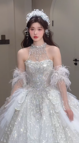 Unique Ball Gown Halter Tulle Sequin Beaded Long Wedding Dresses