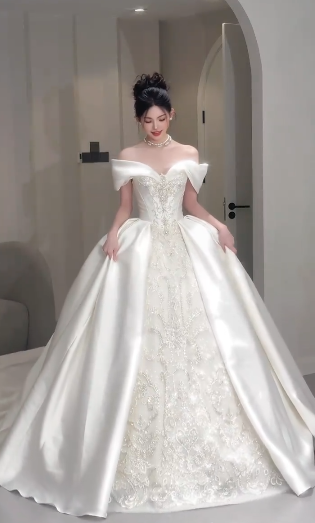 Stunning Ball Gown Off The Shoulder Satin Lace Beaded Long Wedding Dresses
