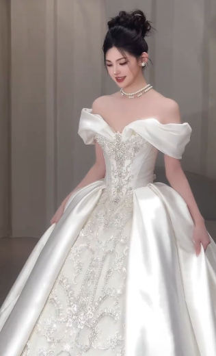 Stunning Ball Gown Off The Shoulder Satin Lace Beaded Long Wedding Dresses