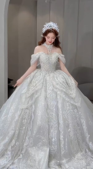 Gorgeous Ball Gown Off The Shoulder Tulle Sequin Beaded Long Wedding Dresses