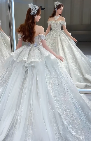 Timeless Ball Gown Off The Shoulder Tulle Sequin Beaded Long Wedding Dresses