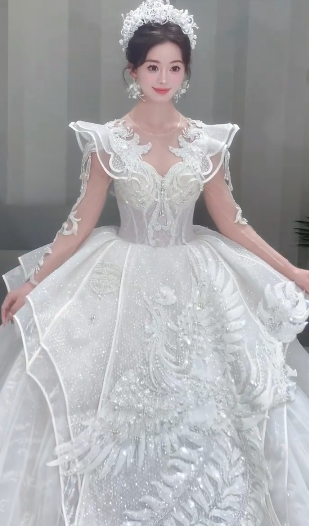 Unique Ball Gown Tulle Sequin Beaded Long Sleeves Long Wedding Dresses