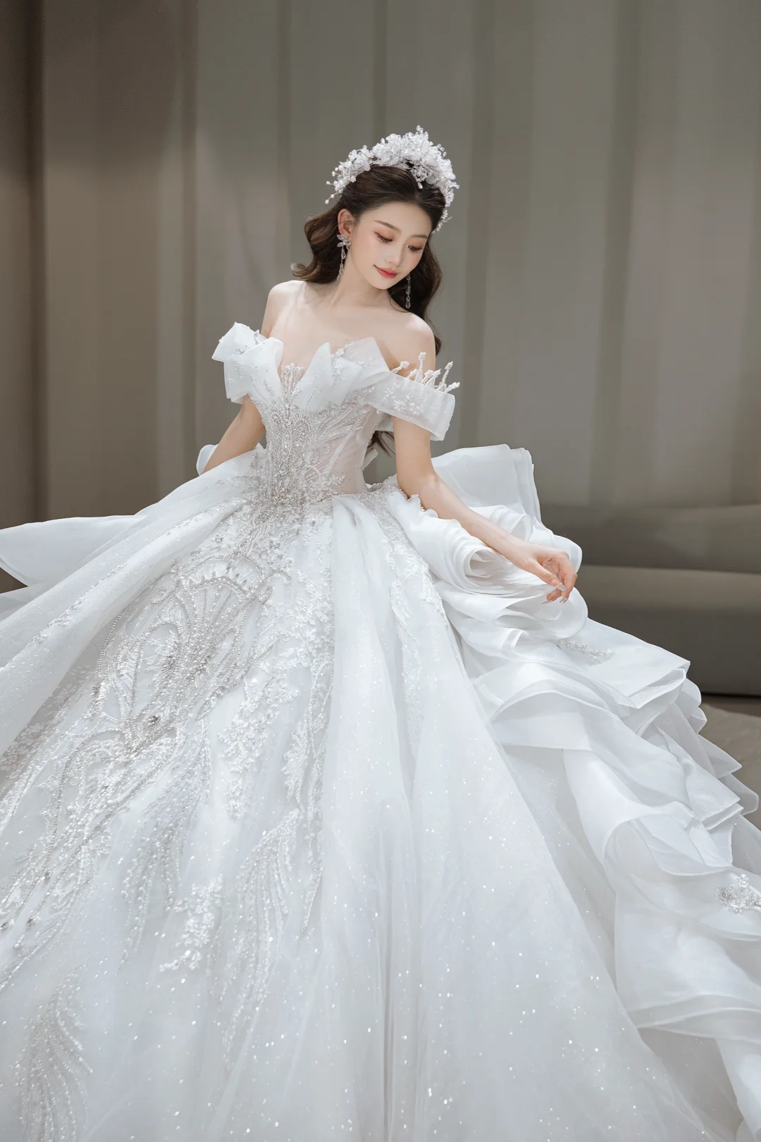 Timeless Ball Gown Off The Shoulder Tulle Sequin Long Wedding Dresses