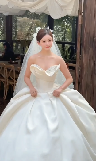 Elegant Ball Gown Strapless Satin With Veil Long Wedding Dresses