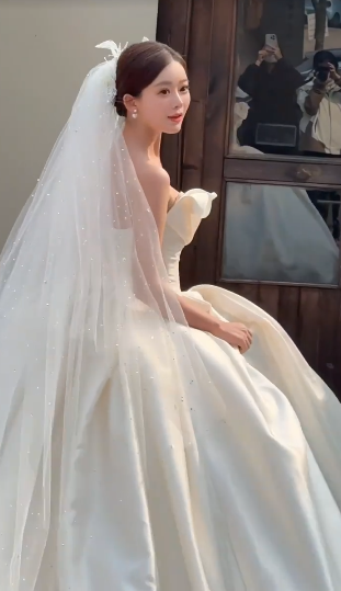 Elegant Ball Gown Strapless Satin With Veil Long Wedding Dresses
