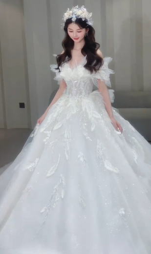 Gorgeous Ball Gown Off The Shoulder Tulle Sequin Long Wedding Dresses