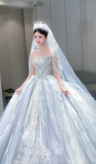 Gorgeous Ball Gown Strapless Tulle Sequin With Veil Long Wedding Dresses