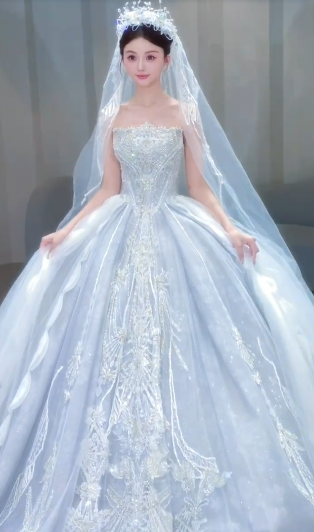 Gorgeous Ball Gown Strapless Tulle Sequin With Veil Long Wedding Dresses