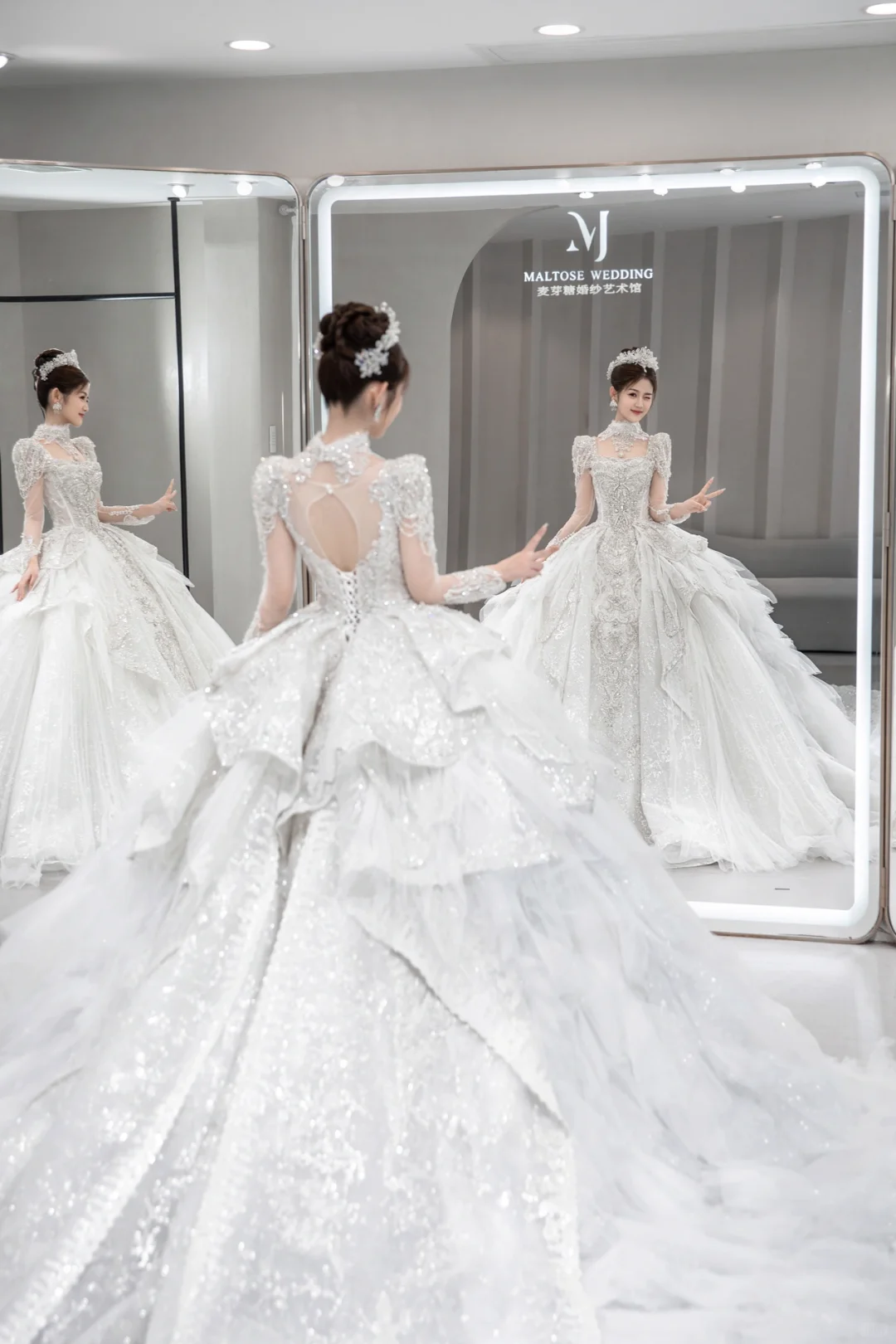 Gorgeous Ball Gown Tulle Sequin Long Sleeves Long Wedding Dresses