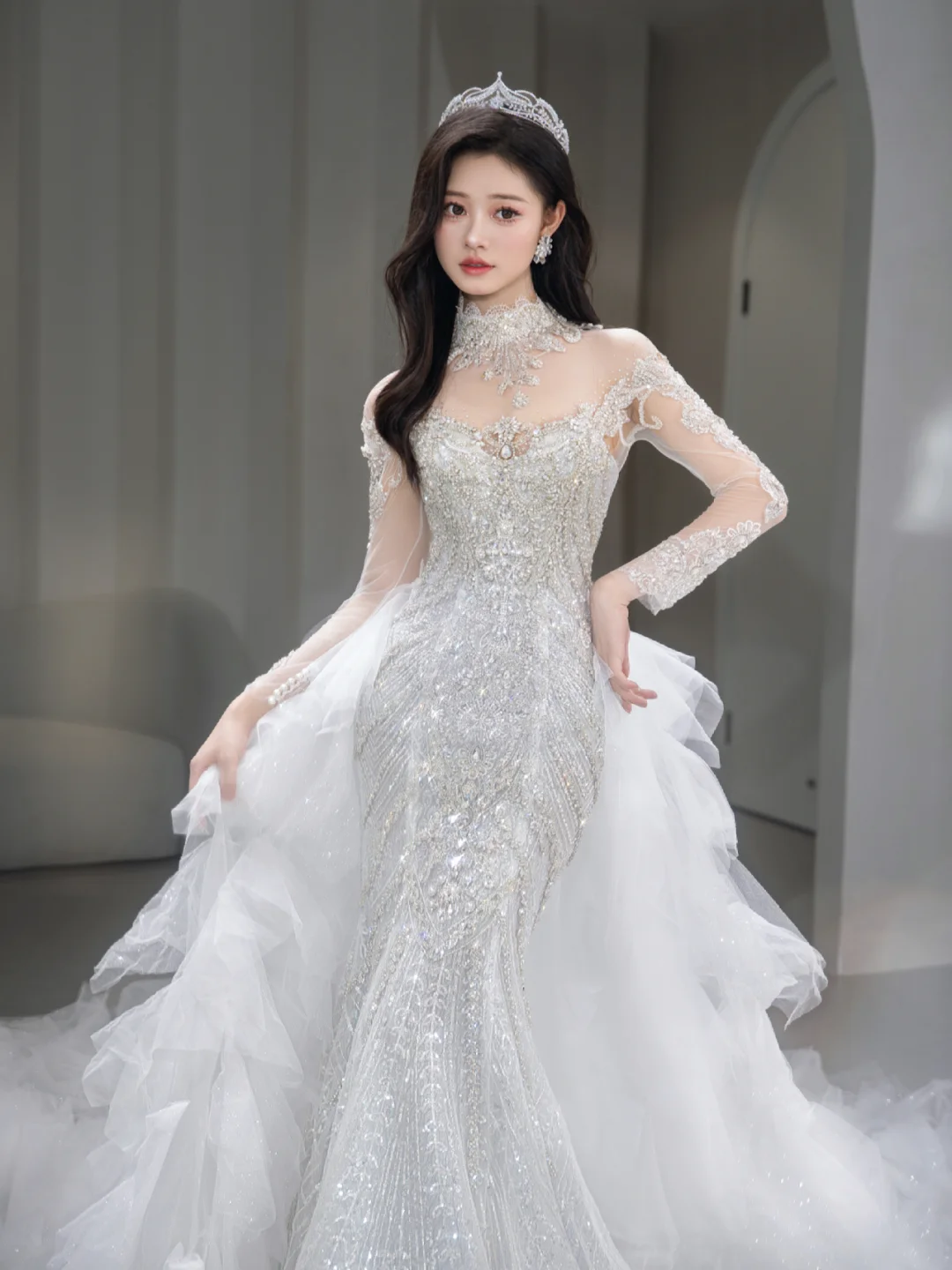 Timeless Mermaid Tulle Sequin Beaded Long Sleeves Long Wedding Dresses