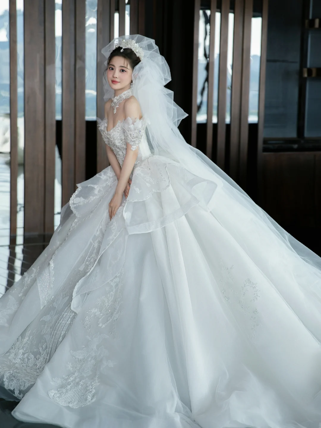Dreamy Ball Gown Off The Shoulder White Tulle Lace With Veil Long Wedding Dresses
