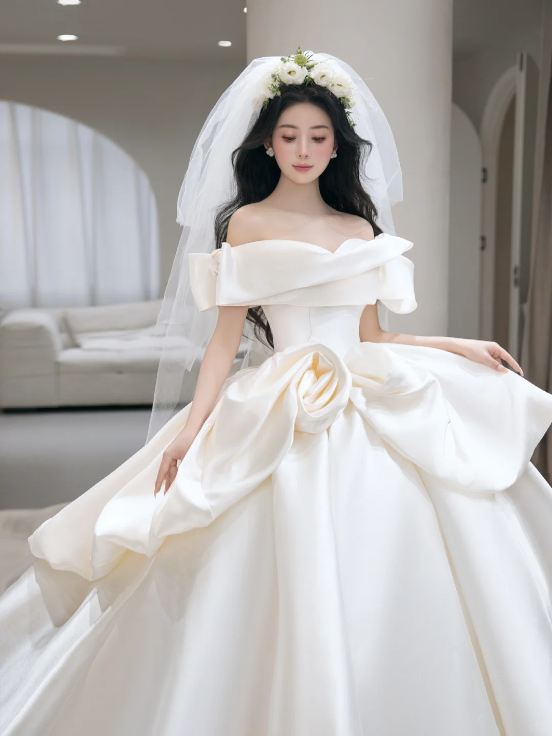Elegant Ball Gown Off The Shoulder Satin With Veil Long Wedding Dresses