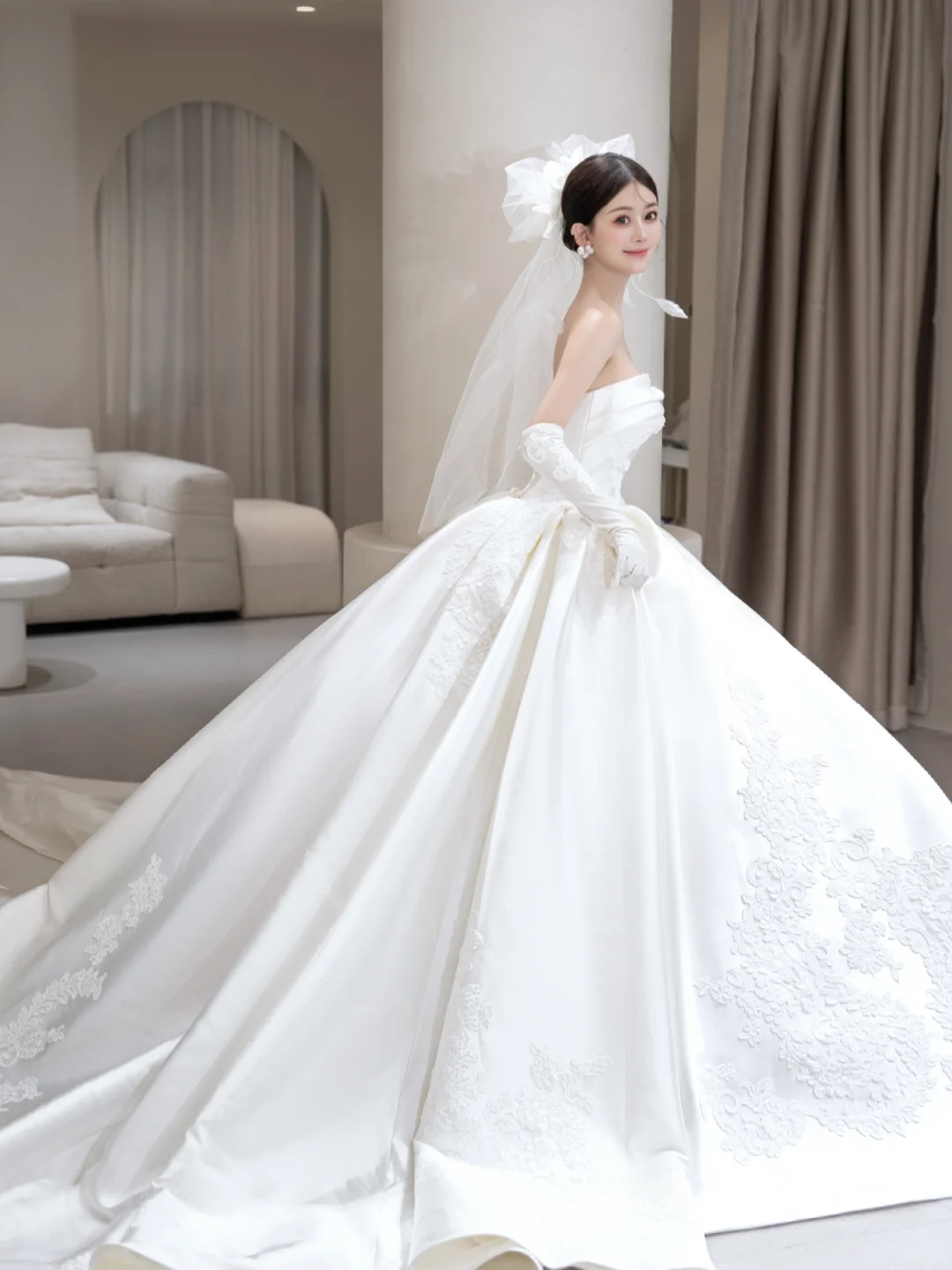 Classy Ball Gown Strapless Satin Applique With Veil Gloves Long Wedding Dresses