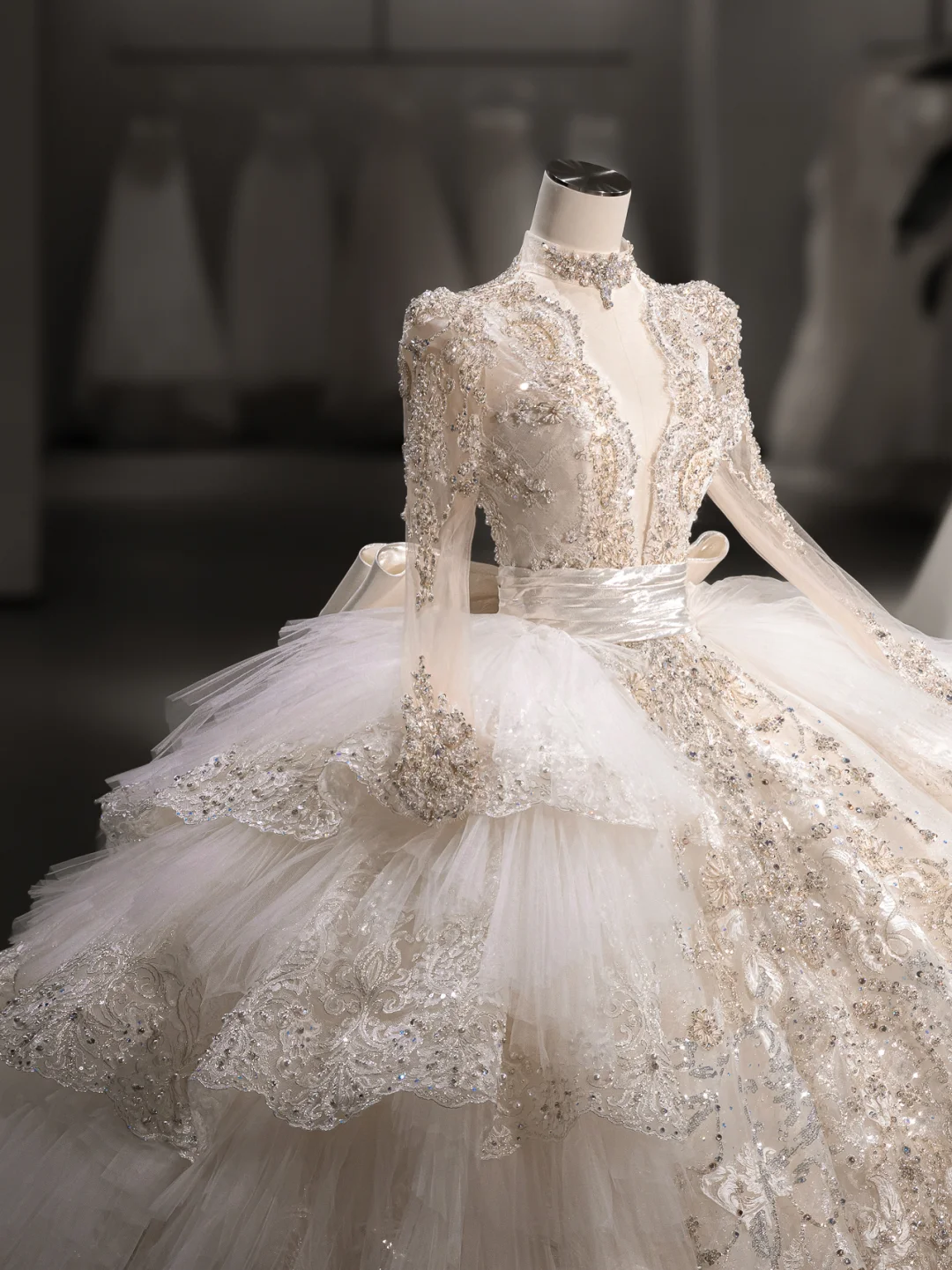 Luxurious Ball Gown Tulle Lace Sequin Beaded Long Sleeves With Veil Long Wedding Dresses