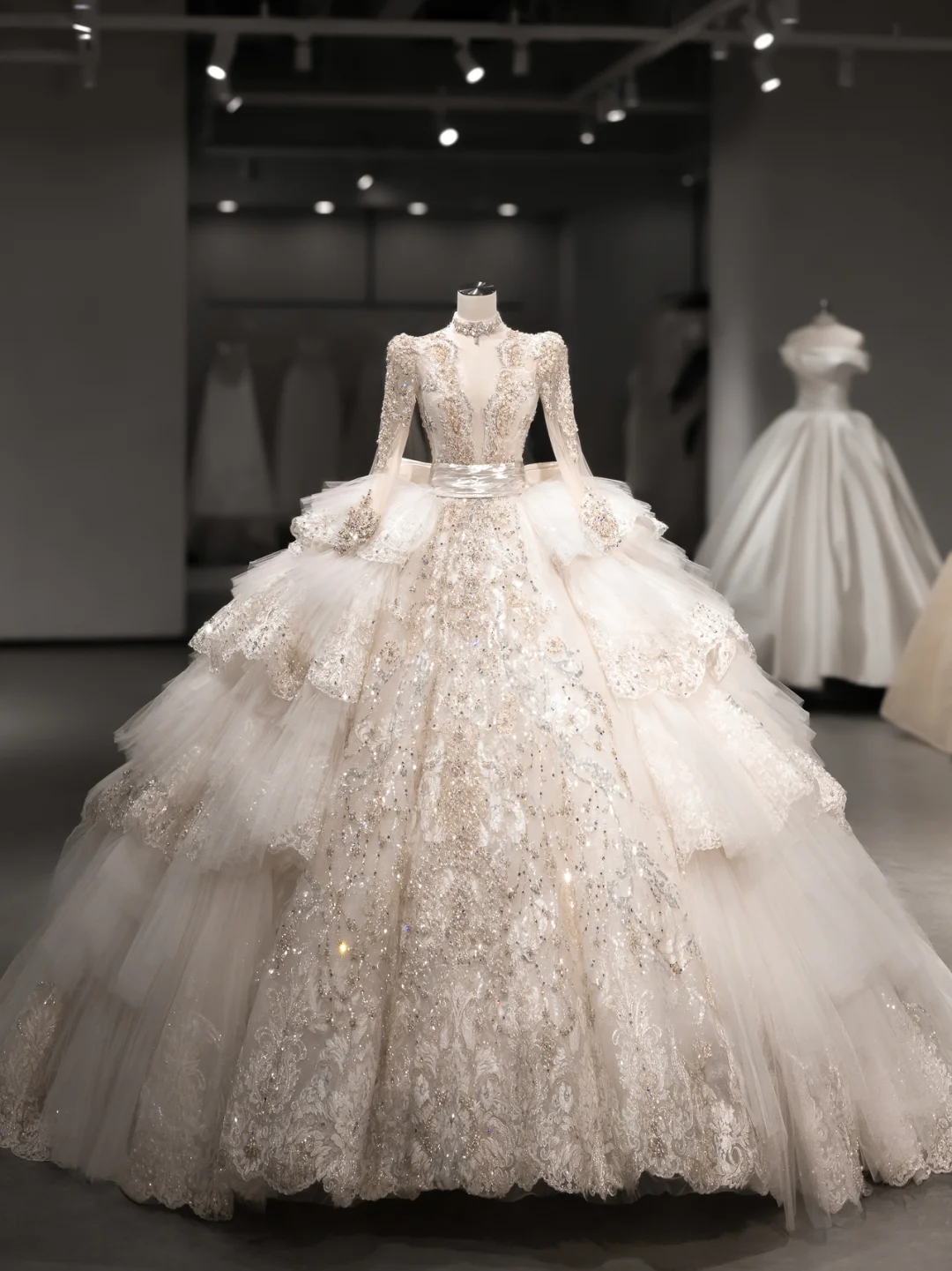 Luxurious Ball Gown Tulle Lace Sequin Beaded Long Sleeves With Veil Long Wedding Dresses