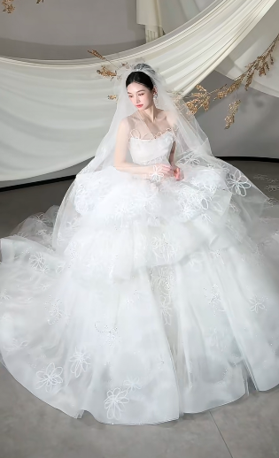 Dreamy White Ball Gown Starpless Tulle Lace With Veil Long Wedding Dresses