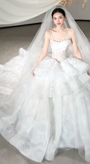 Dreamy White Ball Gown Starpless Tulle Lace With Veil Long Wedding Dresses