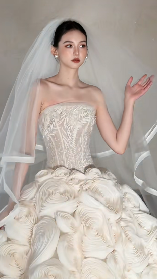 Unique Ball Gown Starpless Tulle With Veil Long Wedding Dresses