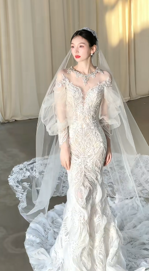 Dreamy Mermaid White Tulle Lace Long Sleeves With Veil Long Wedding Dresses