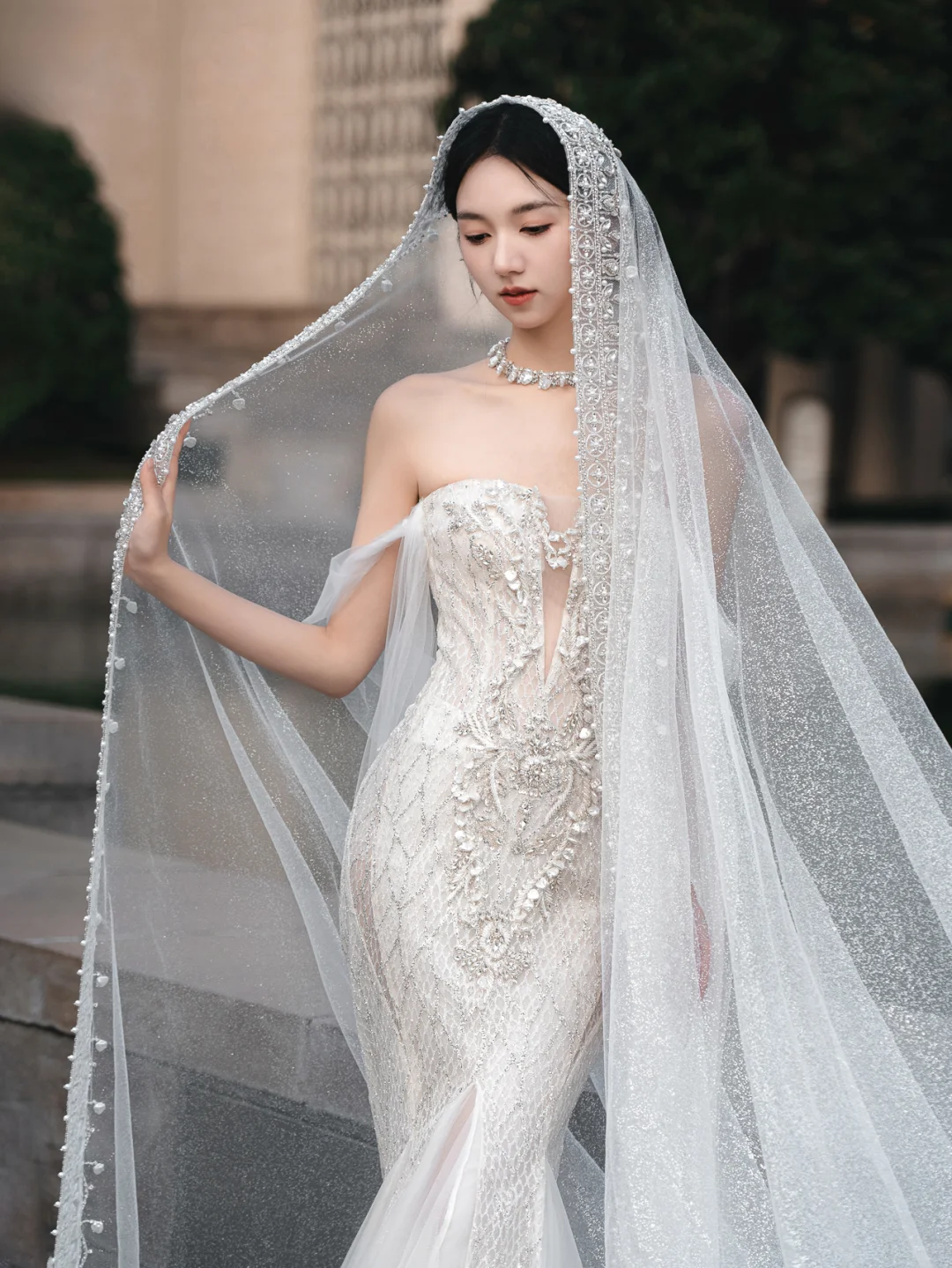 Gorgeous Mermaid Off The Shoulder Tulle Lace Beaded With Veil Long Wedding Dresses
