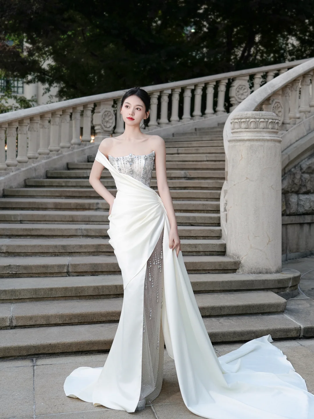 Unique Mermaid One Shoulder Satin Tulle Beaded Long Wedding Dresses