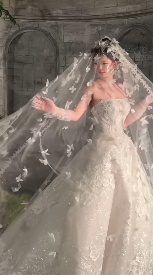 Pretty Ball Gown Strapless Tulle Lace Sequin With Veil Long Wedding Dresses