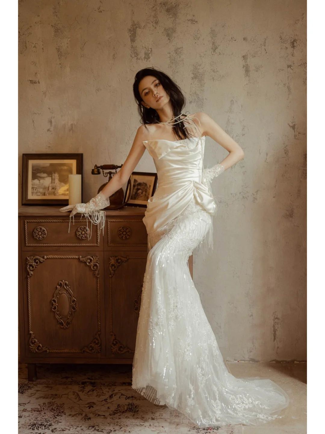 Gorgeous Mermaid Strapless Satin Tulle Lace Tassel With Gloves Long Wedding Dresses