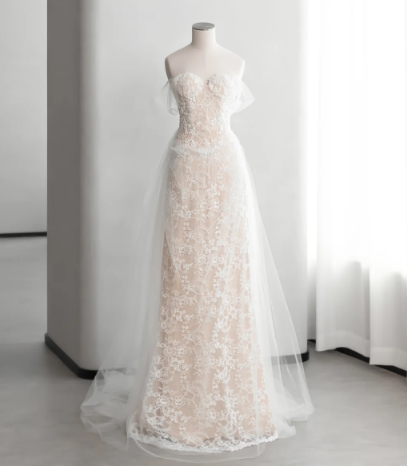 Elegant Mermaid Off The Shoulder Satin Tulle Lace Long Wedding Dresses
