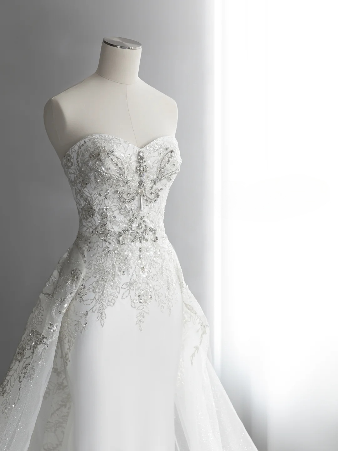 Dreamy White Mermaid Strapless Satin Tulle Sequin Beaded Long Wedding Dresses