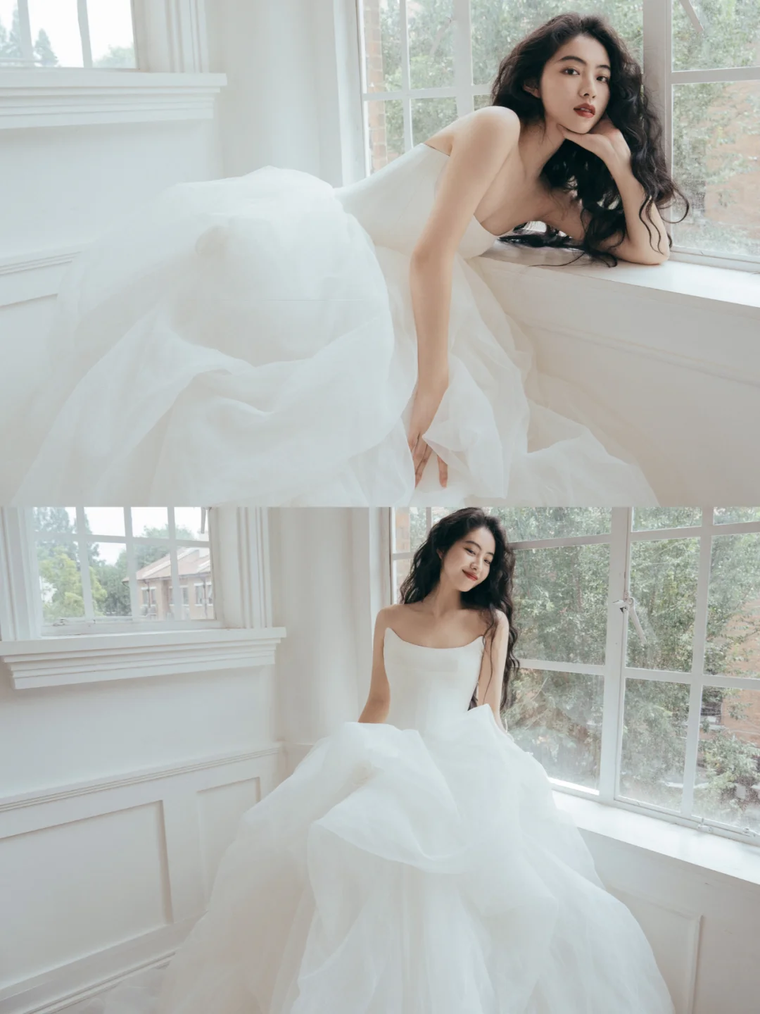 Dreamy Ball Gown Strapless Satin Tulle Long Wedding Dresses