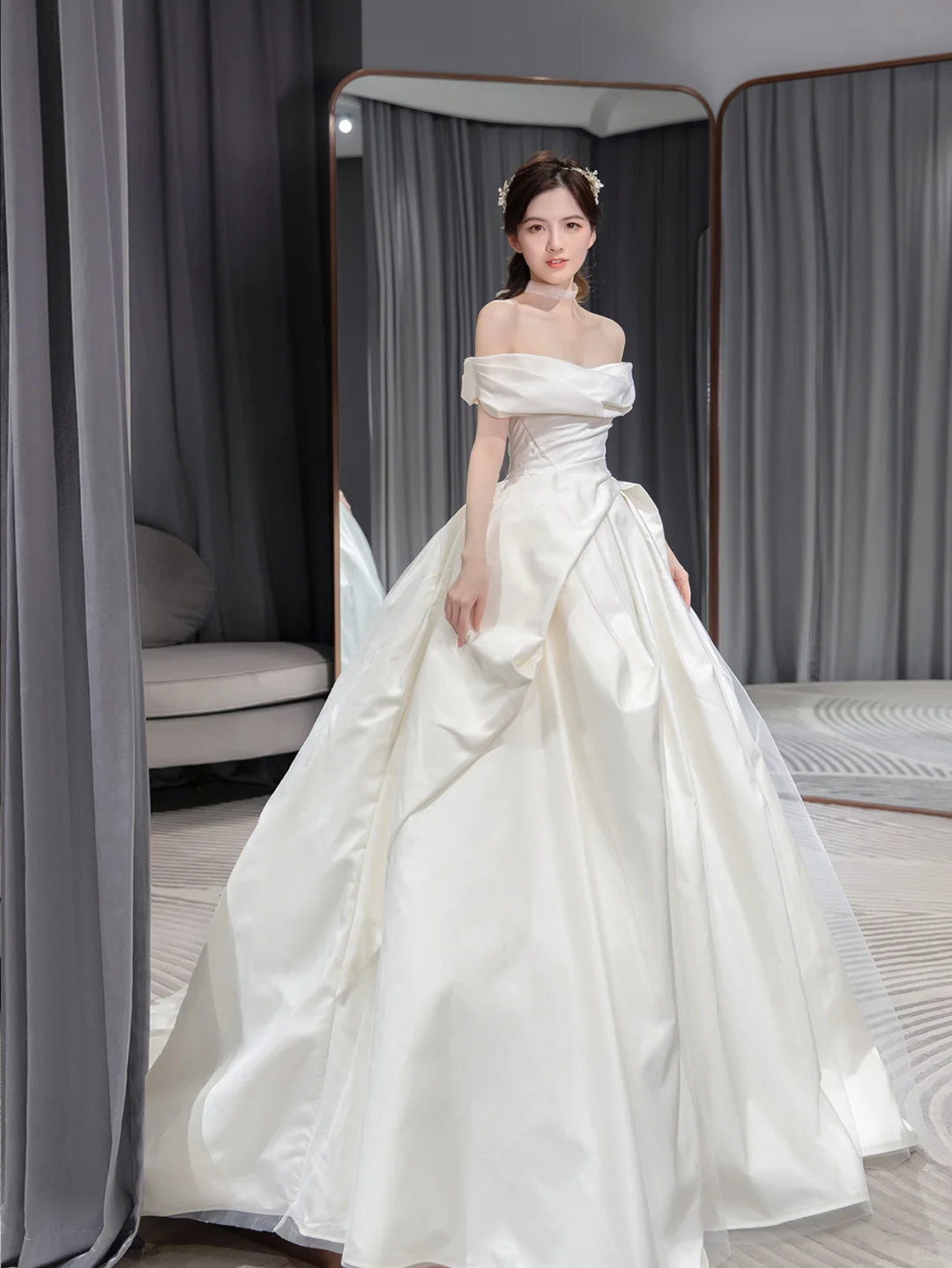 Simple Classy Ball Gown Off The Shoulder Satin Long Wedding Dresses
