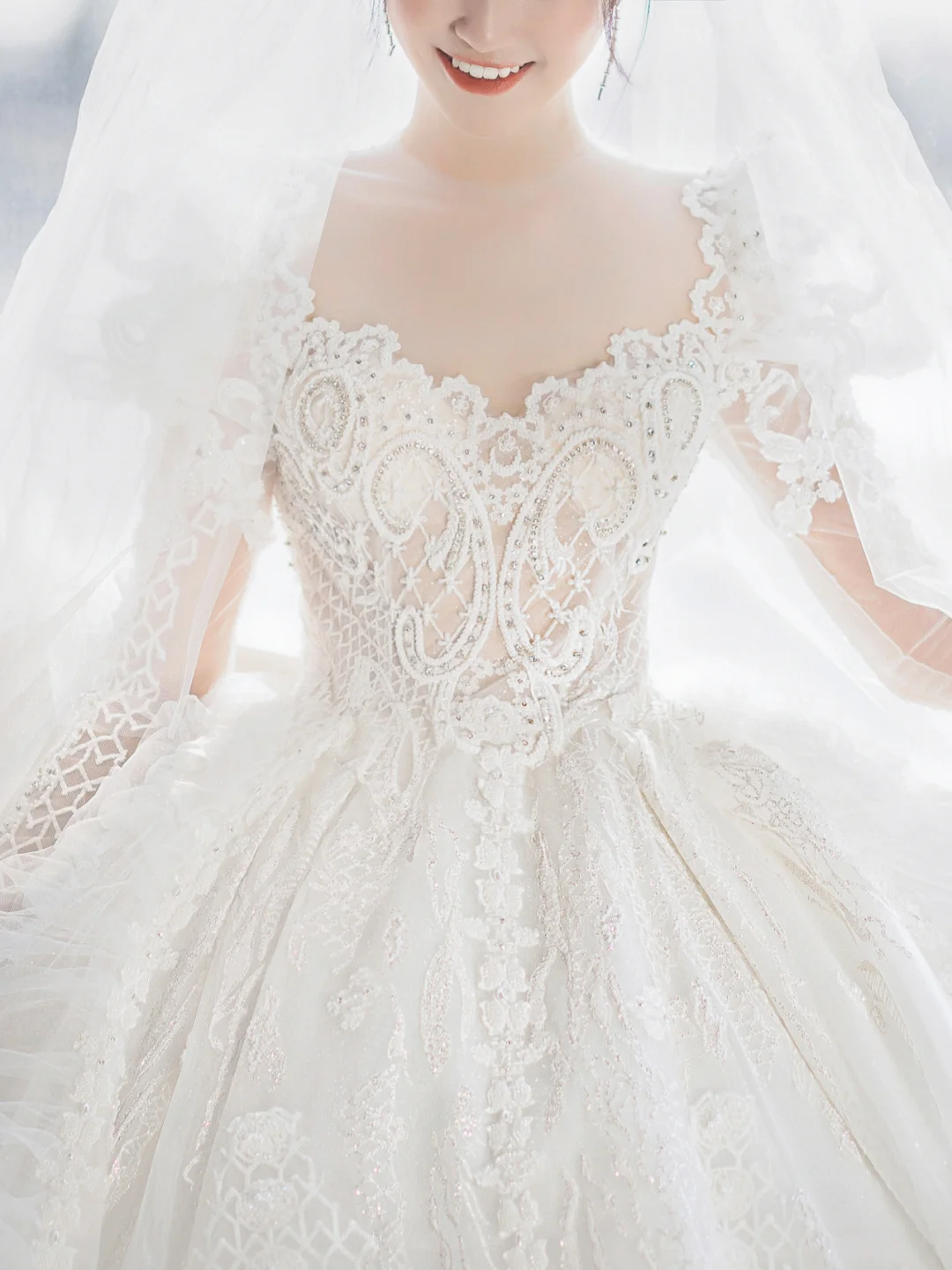 Timeless Ball Gown Tulle Lace Applique Long Sleeves With Veil Long Wedding Dresses