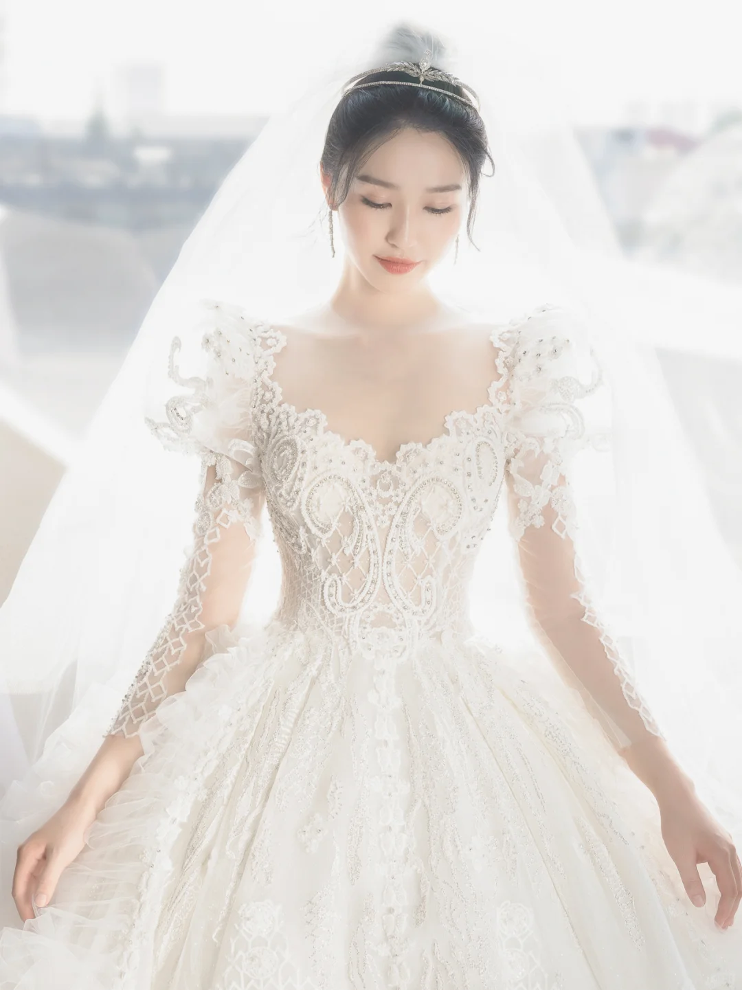 Timeless Ball Gown Tulle Lace Applique Long Sleeves With Veil Long Wedding Dresses