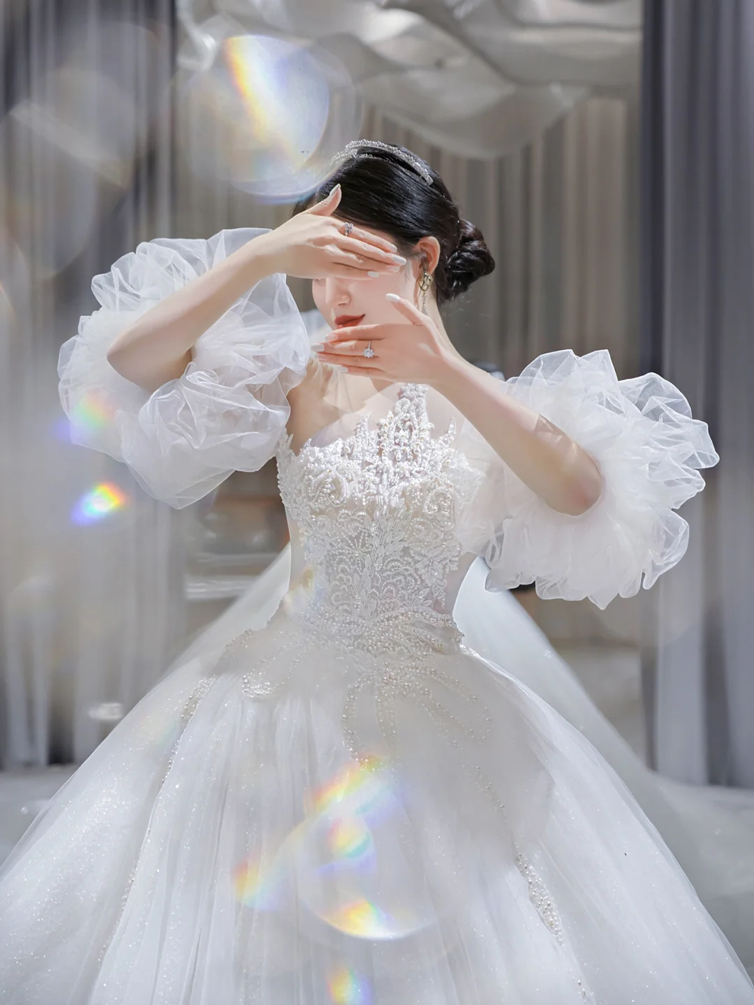 Pretty Ball Gown Tulle Lace Applique Short Sleeves Long Wedding Dresses